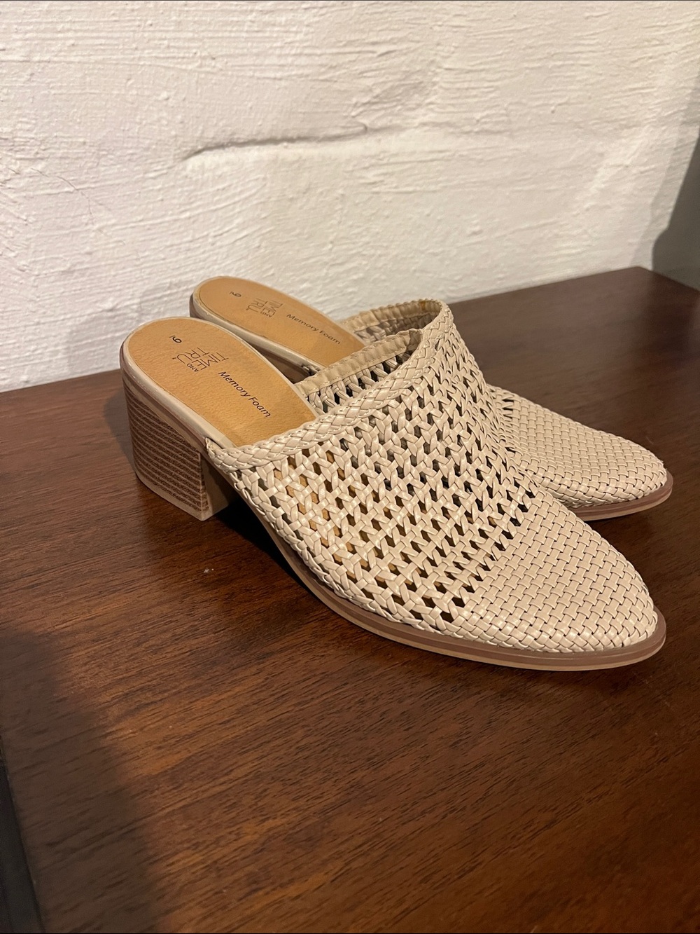 Time and Tru Woven Block Heel Mules in Beige